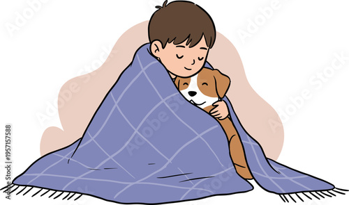 A child cuddling a dog under a cozy blanket in a warm indoor setting with soft colors, smiling happily, depicted in hand-drawn style on a transparent background.