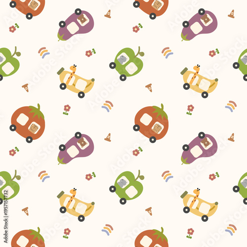 Fruit car cartoon so cute. On banana tomato apple eggplant bear hippopotamus giraffe lion rainbow flower traffic cone background. Pattern seamless vector illustration. 