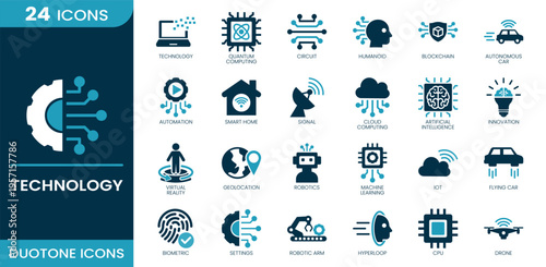 Technology icon set. Quantum computing, circuit, humanoid, blockchain, autonomous car, smart home, cloud computing, artificial intelligence, robotics, drone and more. Duotone vector icons collection.