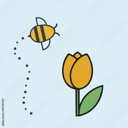 Cute bumblebee flying to orange tulip flower vector illustration.