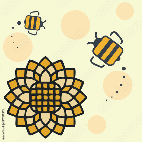 Sunflower and honey bees vector illustration with abstract geometric patterns.