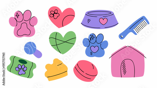 A colorful flat vector illustration set of pet care icons paw prints with hearts, dog bowl, cat toy, pet grooming brush, pet house