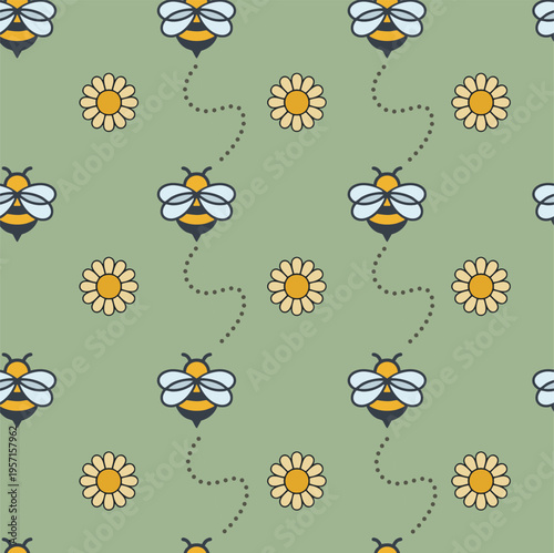 Seamless vector pattern with cute honey bees and daisies.