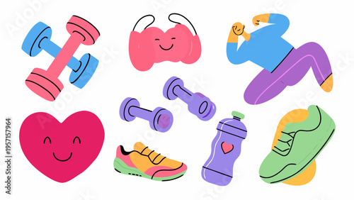 A colorful flat vector illustration set of fitness and wellness icons, dumbbells with smiles, yoga pose character, running shoes, water bottle with heart, stretching figure