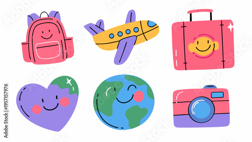 A colorful flat vector illustration set of travel and adventure icons, backpack with smile, airplane with heart, suitcase character, globe hugging hands, camera icon