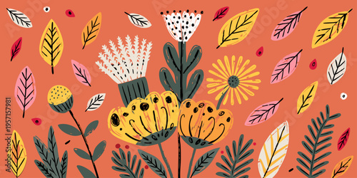 Autumn cutest card or poster for the autumn holiday with wildflowers, Narcissus flower, Crocus flowers. Hand drawn crayon Floral art