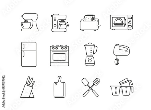 Various kitchen appliances and utensils on display for cooking
