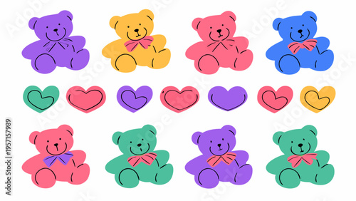 Colorful cute teddy bears, arranged in rows on a white background.
