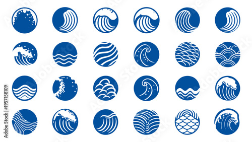 Wave logo set. Flat minimalistic blue icons of swirl water, abstract ocean symbol, japan waves vector silhouette