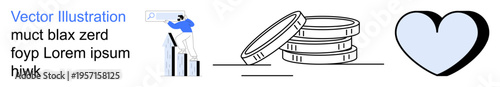 Business development, finance growth, emotional health, strategy presentation, wealth management, humanity. Person analyzing graph, stacked coins heart icon. Business and finance growth