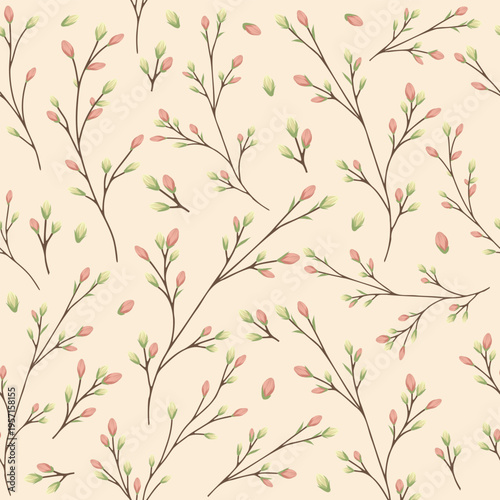 Branches pattern. Pussy willow, verba pattern. Spring vector pattern with budding branches. Soft tones on a beige background. For Easter, postcards, packaging, textiles, kitchen, wallpaper, prints