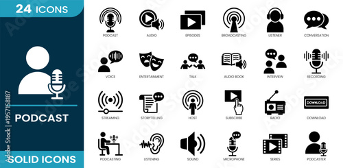 Podcast icon set. Microphone, audio, episodes, broadcasting, listener, conversation, interview, streaming, radio, subscribe and more. Solid vector icons collection.