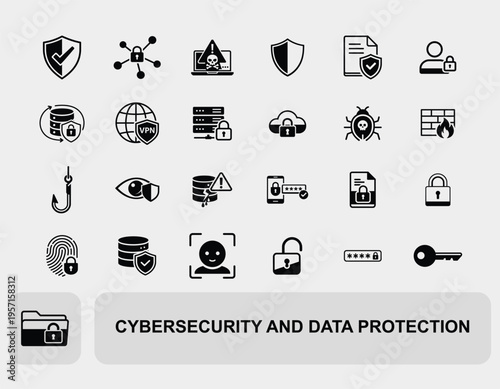 Cybersecurity and data protection icon set, cybersecurity and data protection collection in black and white vector