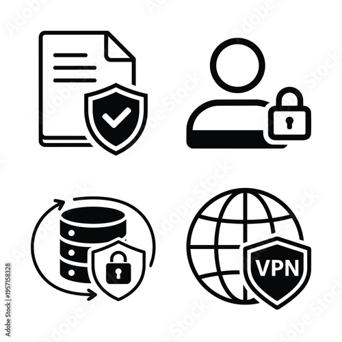 Cybersecurity and data protection icons set, black and white vector with secure document, secure user, backup security and VPN protection symbols