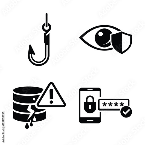 Cybersecurity and data protection icon set, black and white vector with phishing hook, protected eye, database breach and mobile password security symbols