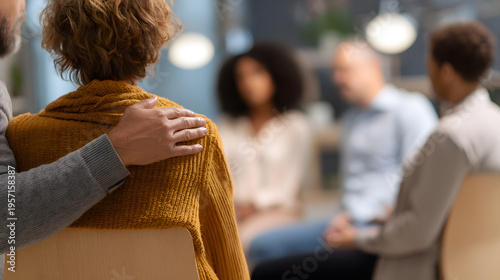 a photo of people in a therapy group sitting on chairs. one woman is holding her hand on another's shoulder, providing comfort and support.