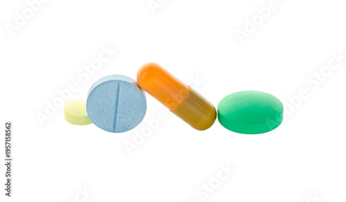 Bild auf Leinwand Close-up on set  of medicine drug in capsule, caplet, tablet  on white background