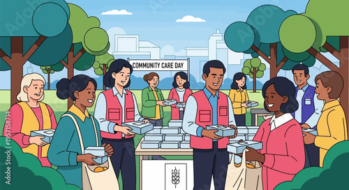 Diverse group of volunteers distributing food packages at a community care event.