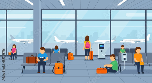 People waiting in an airport terminal for their flights.