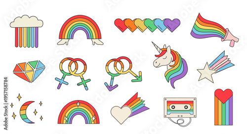 Hand-drawn LGBTQ pride outline icons on white background. Retro 70s style stickers with gender symbols, rainbow unicorn, cassette tape, hearts and megaphone for inclusive queer designs. Vector.