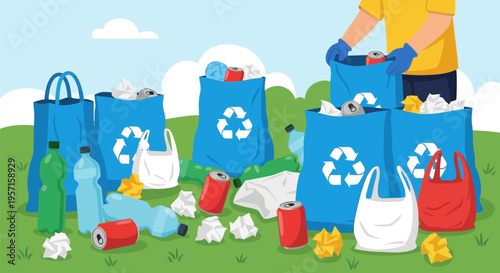Person sorting various recyclable waste items into blue bags with recycle symbols.