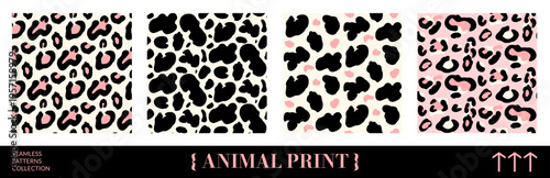 Animal seamless glam pattern with black and pink leopard spot. Girly animalistic print with rosette and blob on cream backdrop. Hand drawn vector illustration with wild freeform texture for fashion.