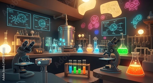 Futuristic Laboratory with Neon Lights and Equipment.