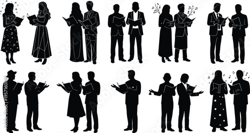 Choir singers silhouette collection with men and women singing from songbooks vector illustration set for music concert performance design