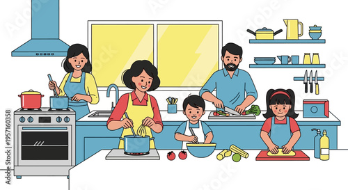 Family cooking together in kitchen preparing healthy meal.
