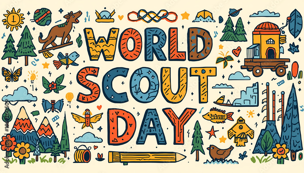 Fototapeta premium World scout day elements featuring animals, plants, and scenery perfect for scout groups, outdoor enthusiasts, and naturethemed designs.