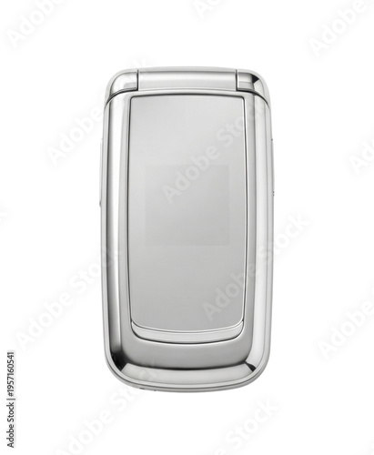 Silver classic flip phone front view isolated. Retro mobile communication device mockup.