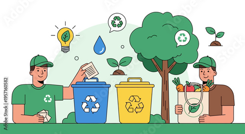 Two men promoting recycling and sustainable living.