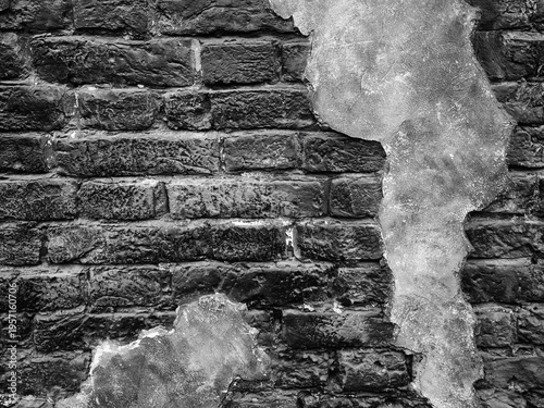 Weathered brick wall shows age and texture. White substance drips down the rough surface. Contrast highlights decay and resilience. Suitable for urban decay or architectural themes