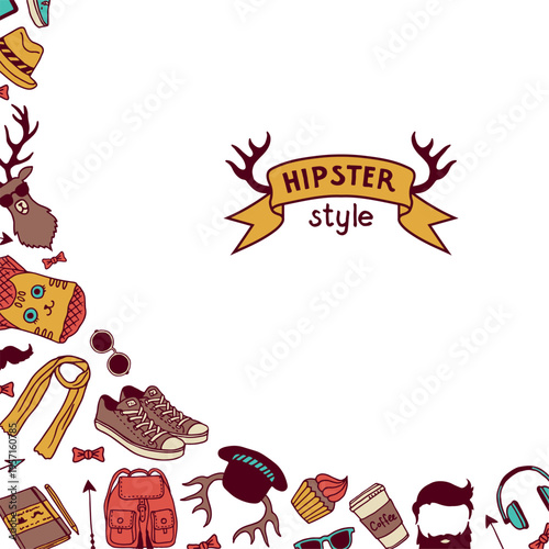 Hipster background. fashioned hipster culture modern items. vector corner design template