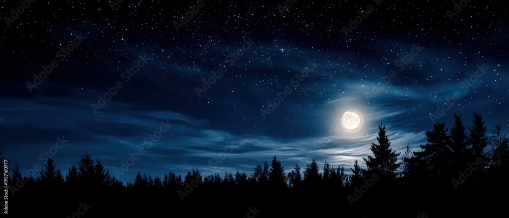 Fototapeta premium Night landscape with trees moon and stars