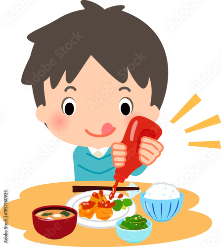 料理に大量のケチャップをかける男性