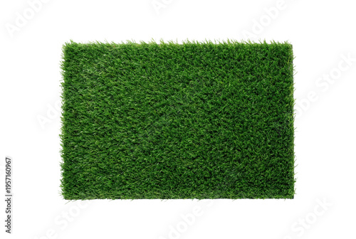 Green artificial grass rectangular patch top view isolated. Synthetic turf background.
