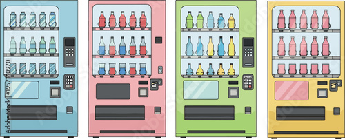 Colorful vending machines vector set with assorted drink bottles and cans, modern automatic beverage dispenser collection isolated on light background for retail design use