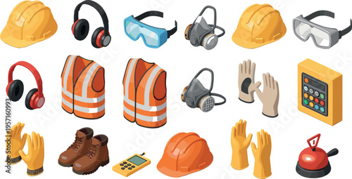 Construction safety equipment vector set including helmets gloves goggles respirators and protective vests, industrial worker protection icons collection isolated on light background for design use