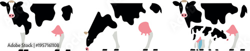 Cute dairy cow cartoon vector set showing standing, grazing and milking scene, farm animal illustration collection isolated on light background, agriculture livestock concept