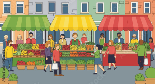 Vibrant outdoor market scene with diverse people and fresh produce.