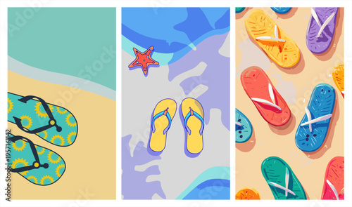 Summer beach triptych with colorful flip-flops on sand, starfish, sea waves, and tropical vacation vibes illustration