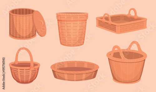 Wicker basket. Different bowls set from natural materials exact vector illustrations set