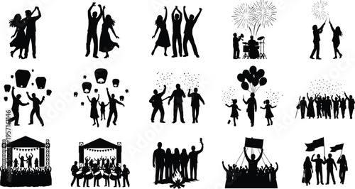 Collection of dancing party people silhouettes celebrating with sparkles and lights, nightlife crowd icon set for festival, music event and celebration