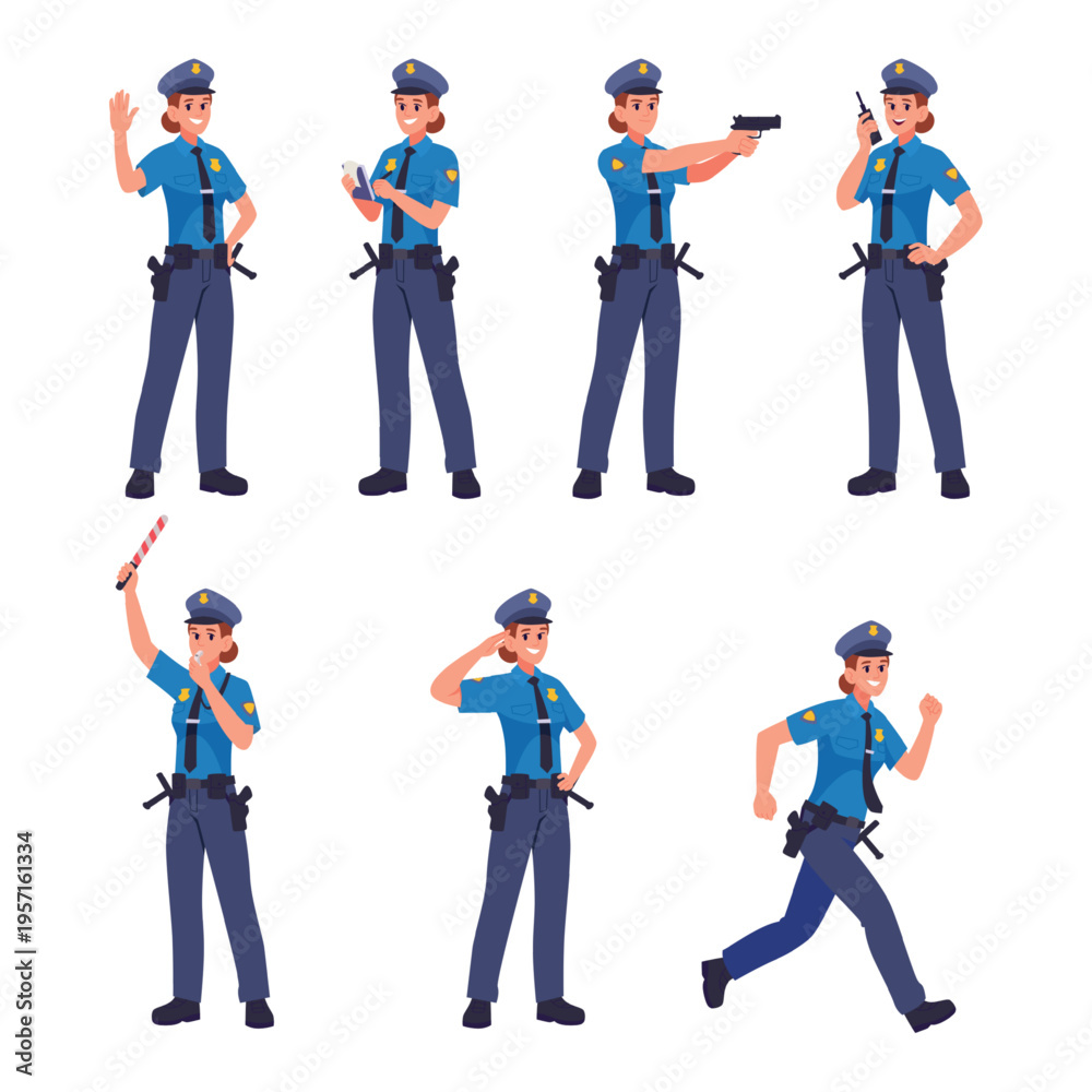 Obraz premium Female police. Woman cop in different action poses exact vector police profession in uniform
