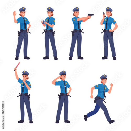 Female police. Woman cop in different action poses exact vector police profession in uniform
