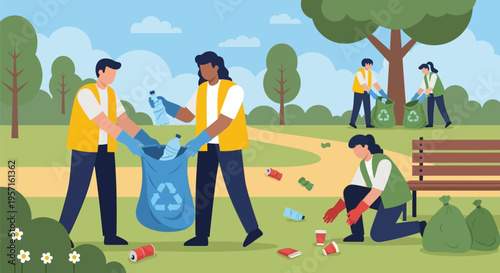 Volunteers collecting trash in a park.