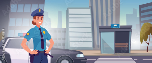 Police officer. Professional female police worker in uniform exact vector cartoon background template