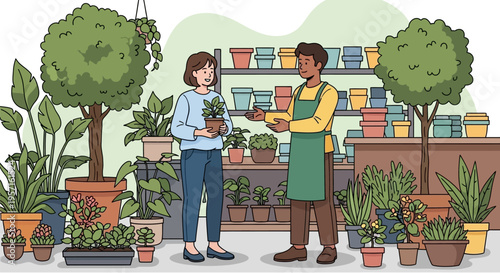 Woman buying a plant from a male florist in a plant shop.