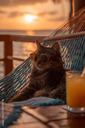 Stylish Tabby Cat Chilling in a Hammock with Sunglasses, Enjoying a Beautiful Sunset by the Water, Sipping a Refreshing Drink on a Relaxing Vacation